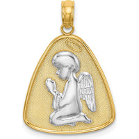 14K Yellow Gold and Rhodium Plated Angel Praying Pendant with Halo on Triangle Disc - Spiritual Jewelry by Oro Pregiato