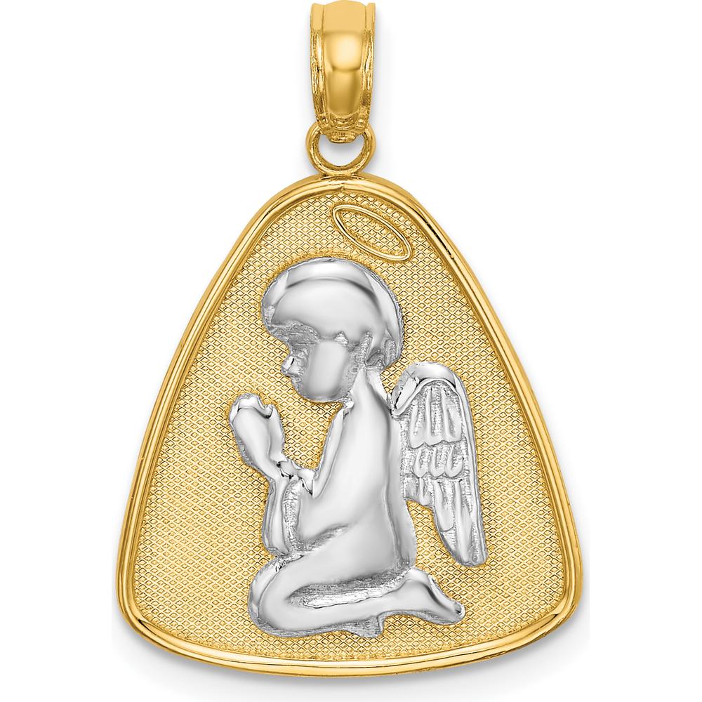14K Yellow Gold and Rhodium Plated Angel Praying Pendant with Halo on Triangle Disc - Spiritual Jewelry by Oro Pregiato