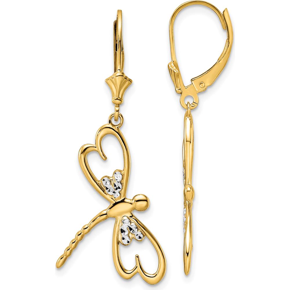 14K Yellow Gold & Rhodium Plated Dragonfly Leverback Earrings with Diamond-Cut Texture by 0