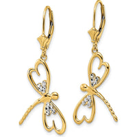 14K Yellow Gold & Rhodium Plated Dragonfly Leverback Earrings with Diamond-Cut Texture by 0