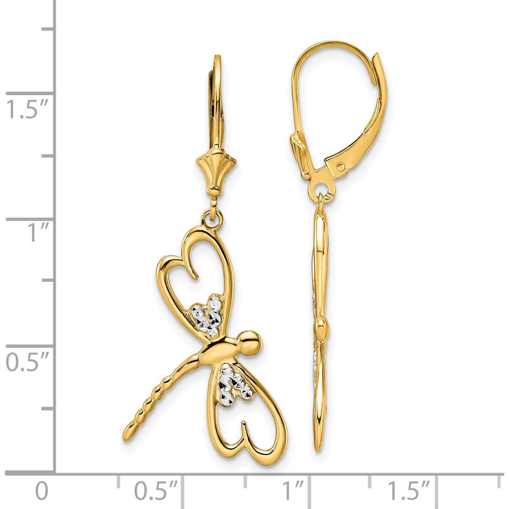 14K Yellow Gold & Rhodium Plated Dragonfly Leverback Earrings with Diamond-Cut Texture by 0