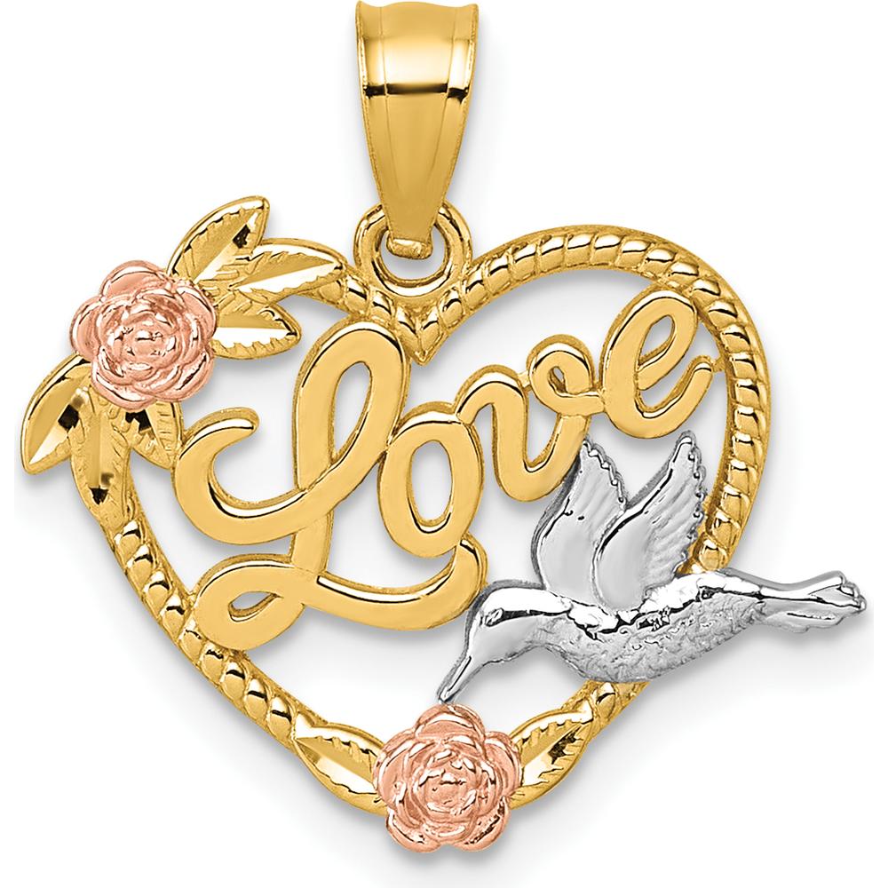 14K Yellow Gold and Rhodium-Plated Love Heart Pendant with Floral and Hummingbird Detail by Oro Pregiato