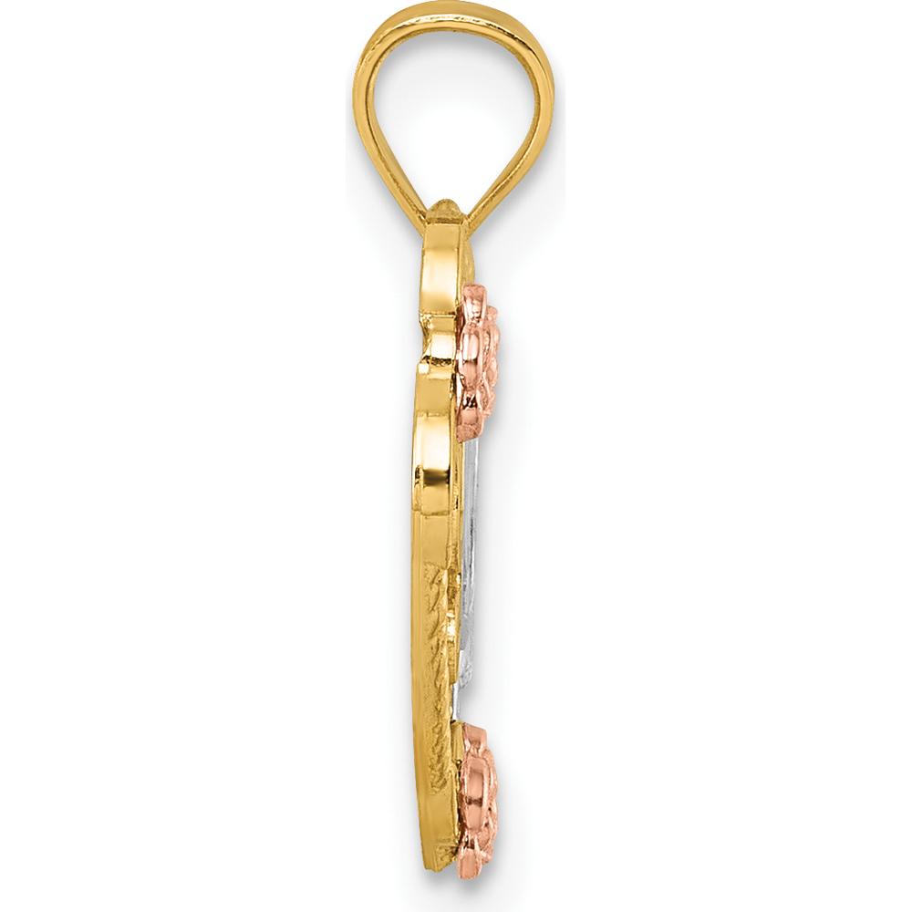 14K Yellow Gold and Rhodium-Plated Love Heart Pendant with Floral and Hummingbird Detail by Oro Pregiato