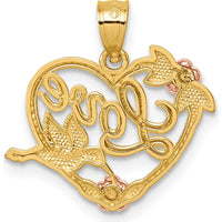14K Yellow Gold and Rhodium-Plated Love Heart Pendant with Floral and Hummingbird Detail by Oro Pregiato