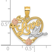 14K Yellow Gold and Rhodium-Plated Love Heart Pendant with Floral and Hummingbird Detail by Oro Pregiato