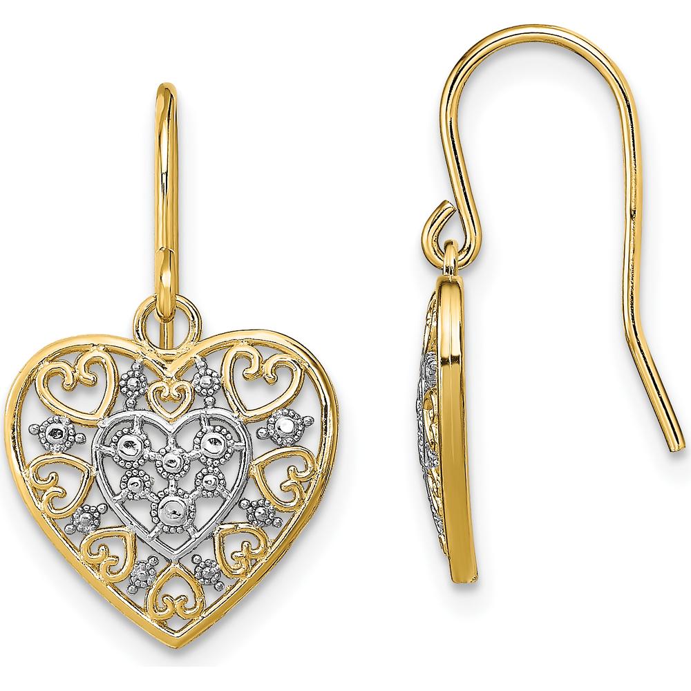 14K Yellow Gold and Rhodium Polished Filigree Heart Drop Earrings with French Wire Hooks by 0