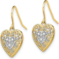 14K Yellow Gold and Rhodium Polished Filigree Heart Drop Earrings with French Wire Hooks by 0