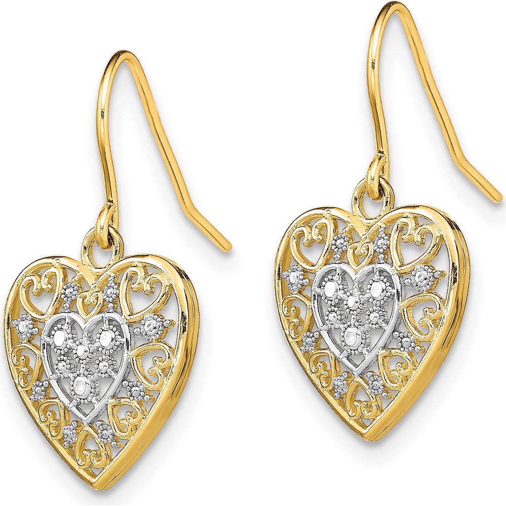 14K Yellow Gold and Rhodium Polished Filigree Heart Drop Earrings with French Wire Hooks by 0