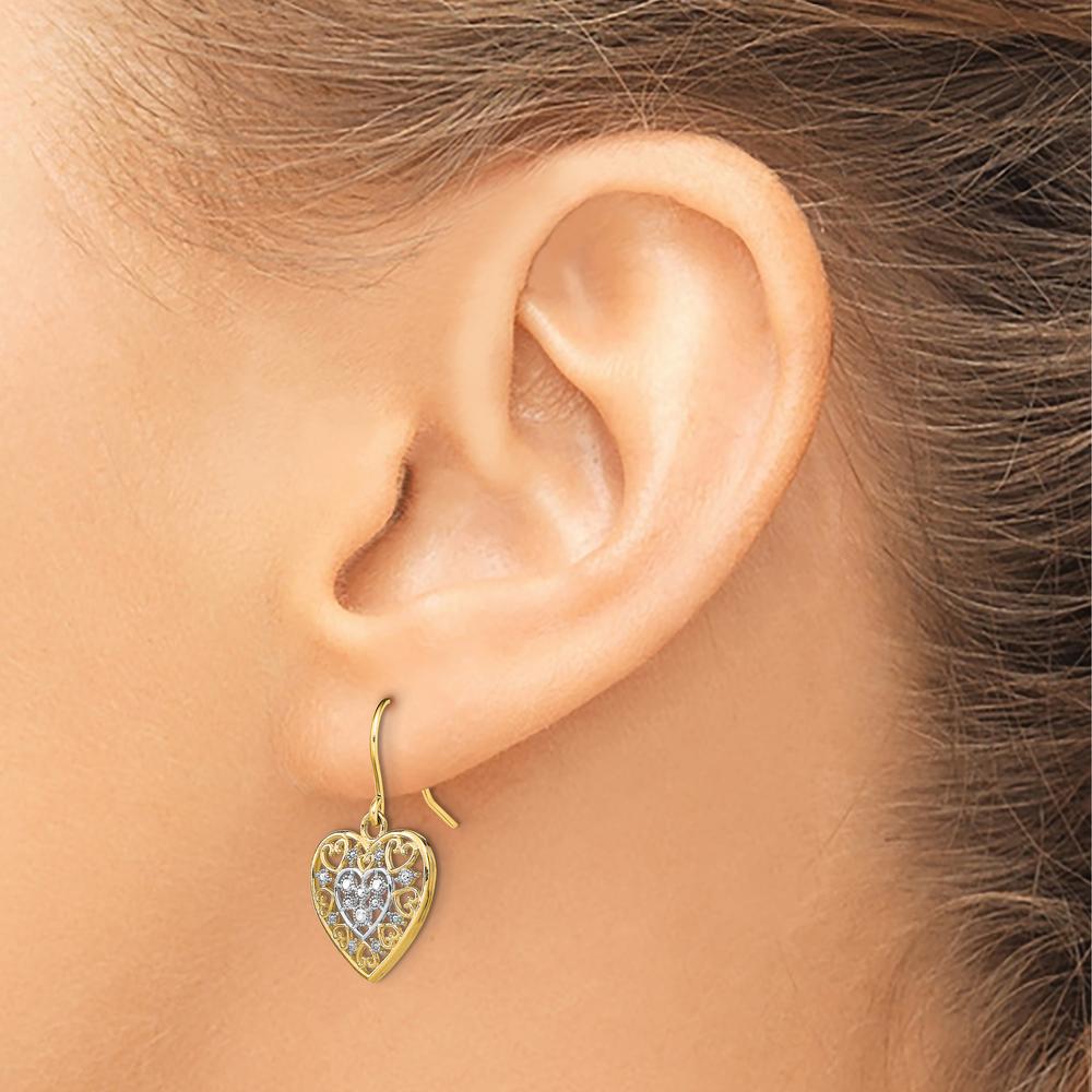 14K Yellow Gold and Rhodium Polished Filigree Heart Drop Earrings with French Wire Hooks by 0