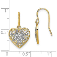 14K Yellow Gold and Rhodium Polished Filigree Heart Drop Earrings with French Wire Hooks by 0