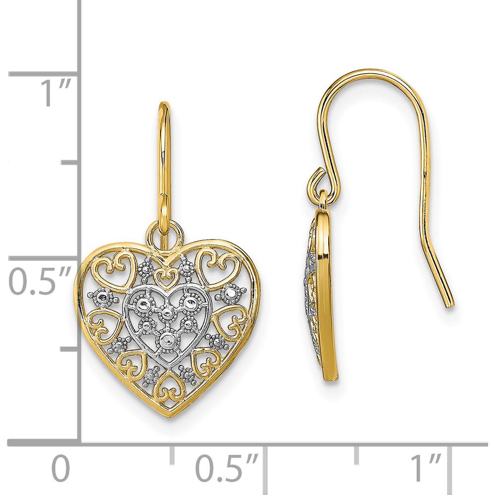 14K Yellow Gold and Rhodium Polished Filigree Heart Drop Earrings with French Wire Hooks by 0
