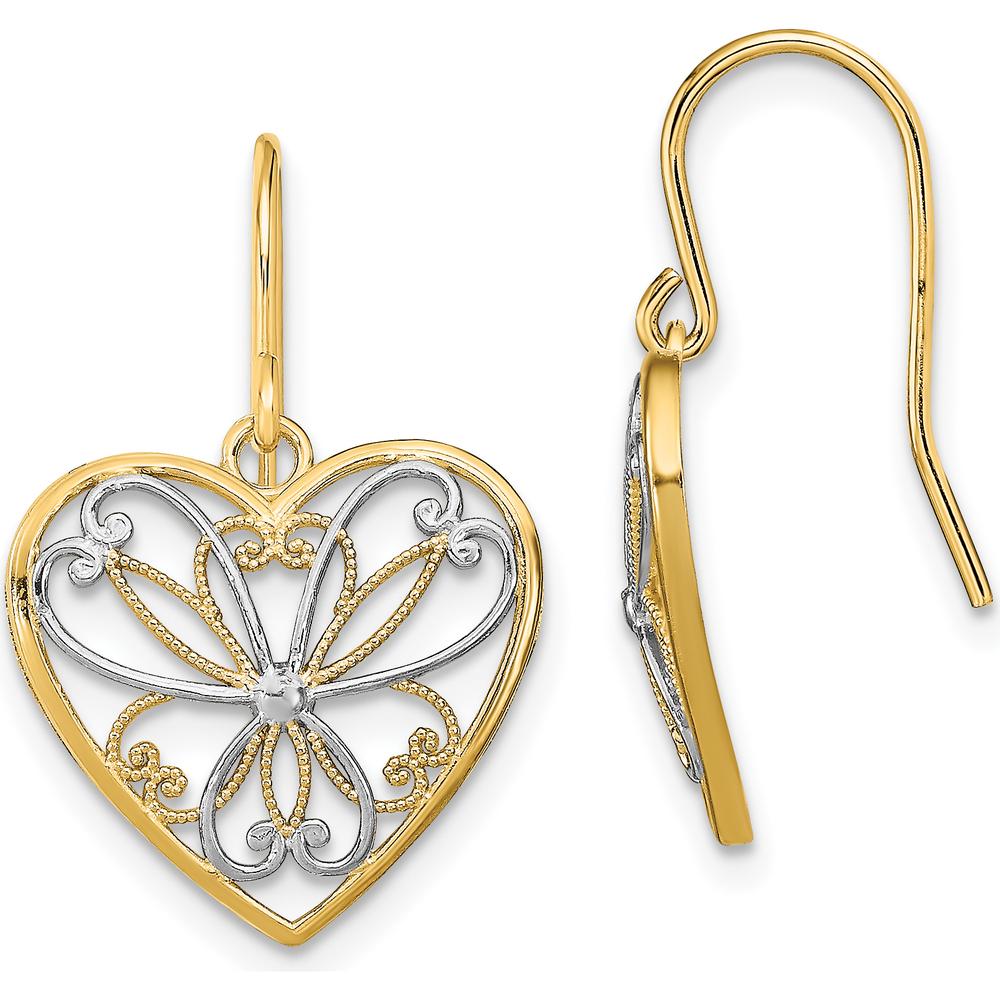 14K Yellow Gold and Rhodium Polished Filigree Heart Drop Earrings with French Wire Hooks by 0