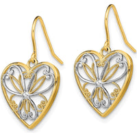 14K Yellow Gold and Rhodium Polished Filigree Heart Drop Earrings with French Wire Hooks by 0
