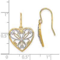14K Yellow Gold and Rhodium Polished Filigree Heart Drop Earrings with French Wire Hooks by 0