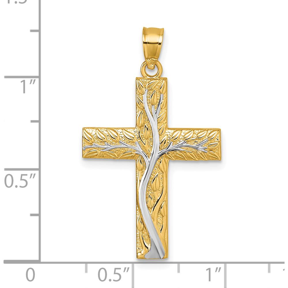 14K Yellow Gold and Rhodium Polished Floral Tree Cross Pendant - 31.6mm Length, 18.9mm Width by Oro Pregiato