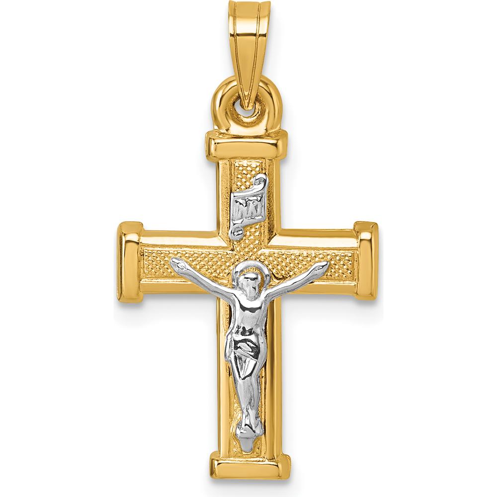 14K Yellow Gold and Rhodium Polished INRI Crucifix Cross Pendant - 26.4mm Length by Oro Pregiato
