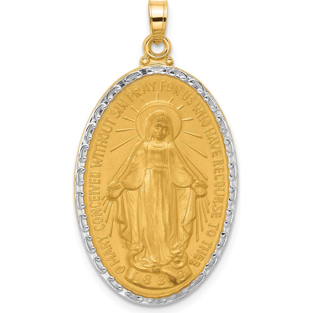 14K Yellow Gold and Rhodium Polished Miraculous Medal Oval Pendant - Faith-Inspired Charm by Oro Pregiato