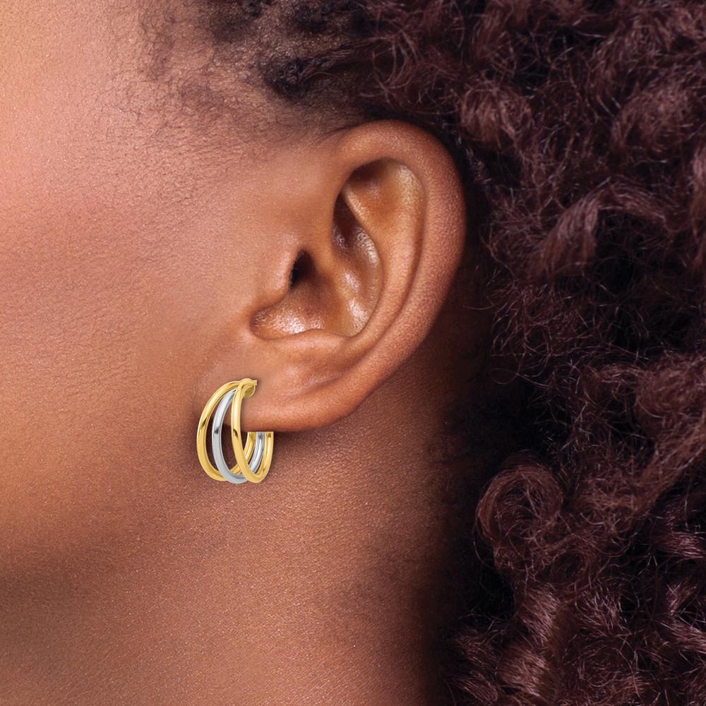 14K Yellow Gold and Rhodium Polished Multi-Row Hoop Earrings - 16.5mm Length, 16.9mm Width by 0