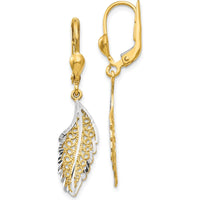 14K Yellow Gold and Rhodium Polished Textured Leaf Leverback Drop Earrings by 0