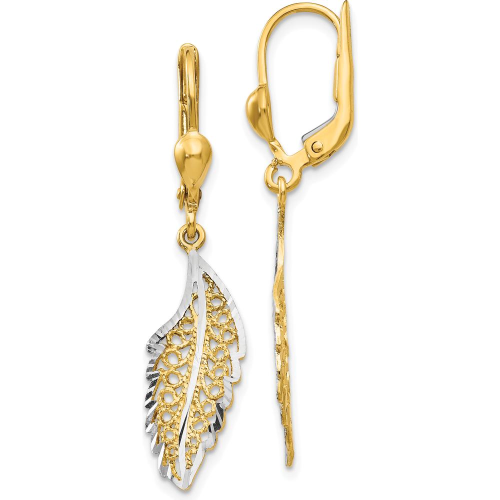 14K Yellow Gold and Rhodium Polished Textured Leaf Leverback Drop Earrings by 0