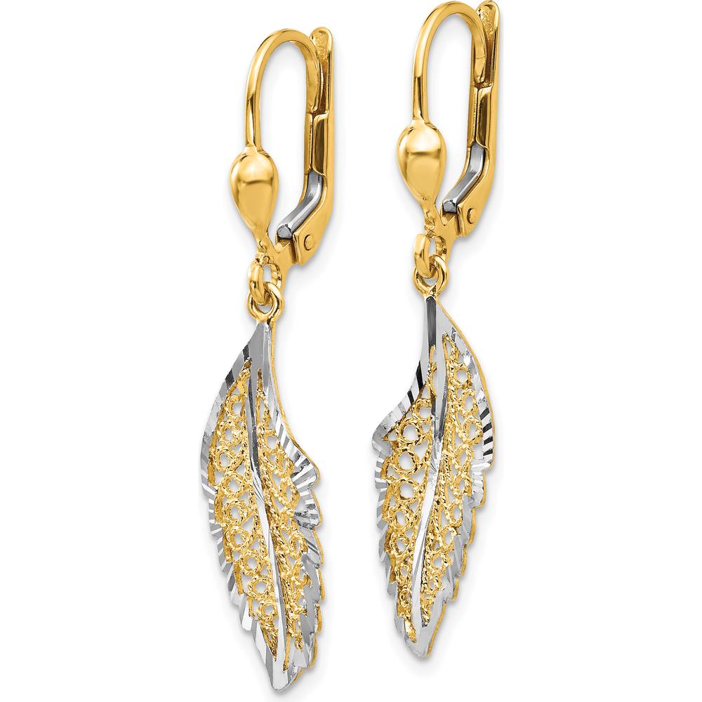 14K Yellow Gold and Rhodium Polished Textured Leaf Leverback Drop Earrings by 0