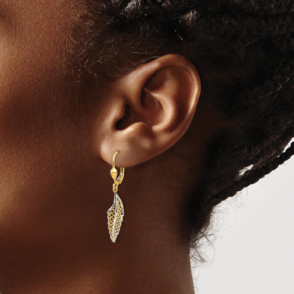 14K Yellow Gold and Rhodium Polished Textured Leaf Leverback Drop Earrings by 0