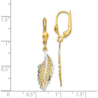14K Yellow Gold and Rhodium Polished Textured Leaf Leverback Drop Earrings by 0