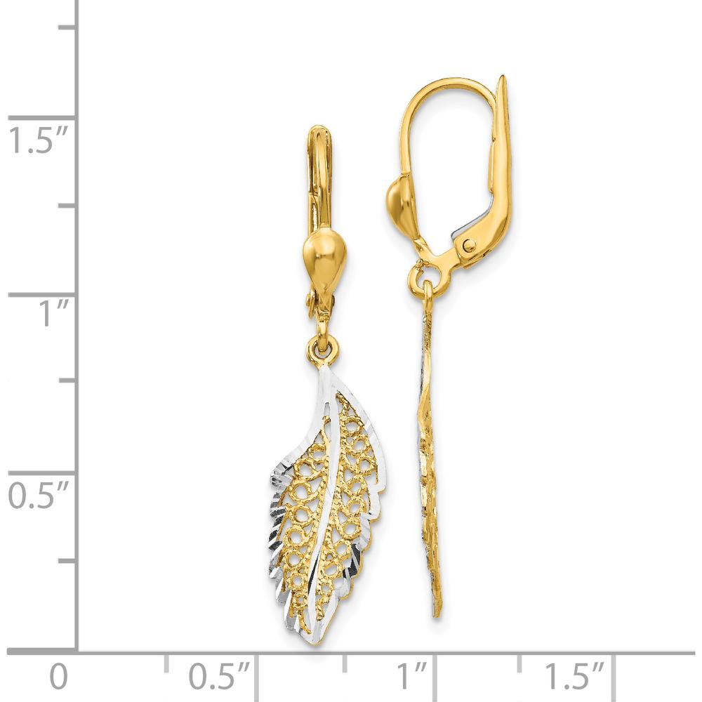 14K Yellow Gold and Rhodium Polished Textured Leaf Leverback Drop Earrings by 0