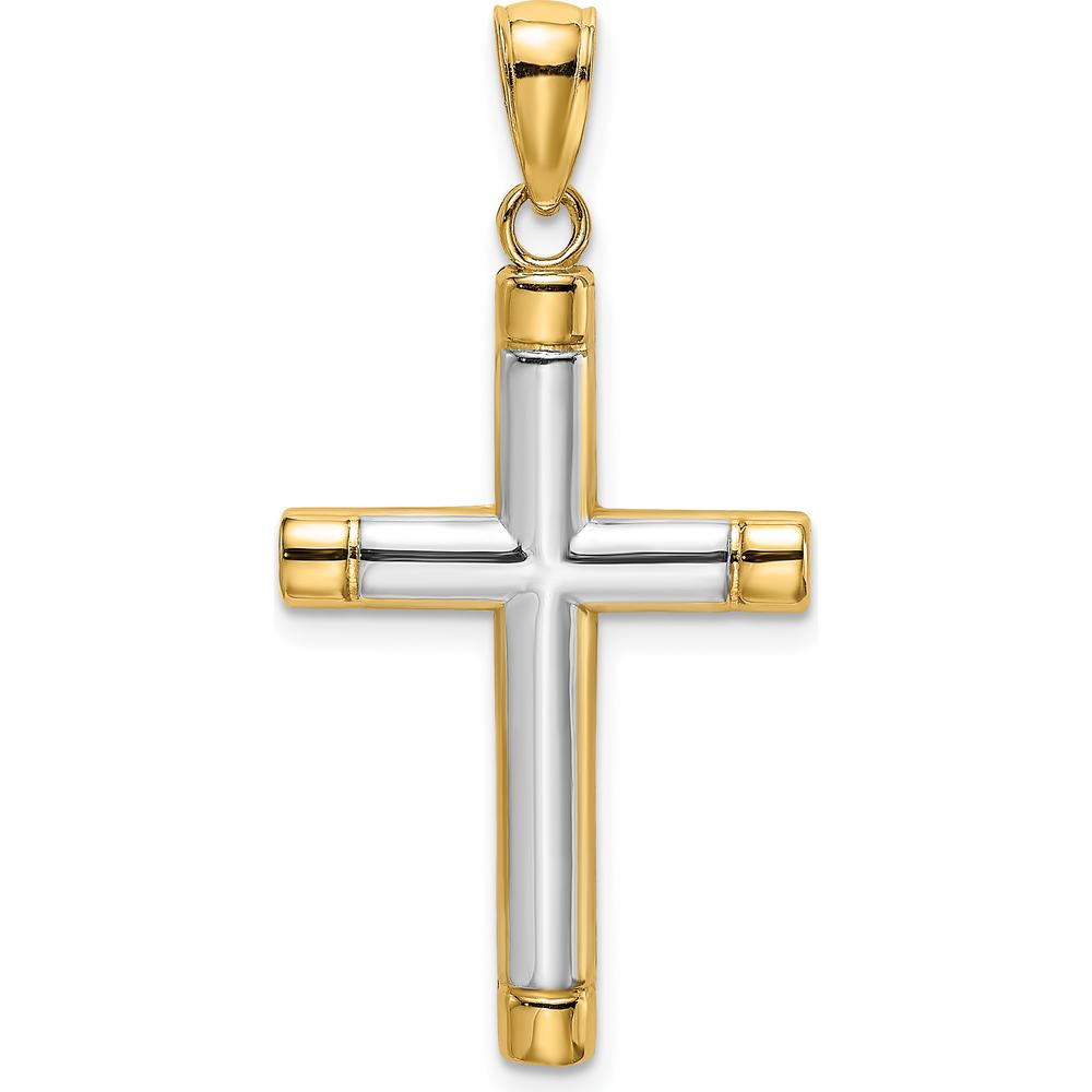 14K Yellow Gold and Rhodium Polished Tubular Cross Charm Pendant - 32.35mm Length by Oro Pregiato