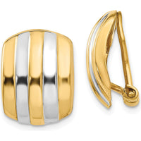 14K Yellow Gold and Rhodium Ribbed Non-Pierced Omega Back Button Earrings - Elegant Polished Design by Oro Pregiato