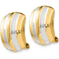 14K Yellow Gold and Rhodium Ribbed Non-Pierced Omega Back Button Earrings - Elegant Polished Design by Oro Pregiato