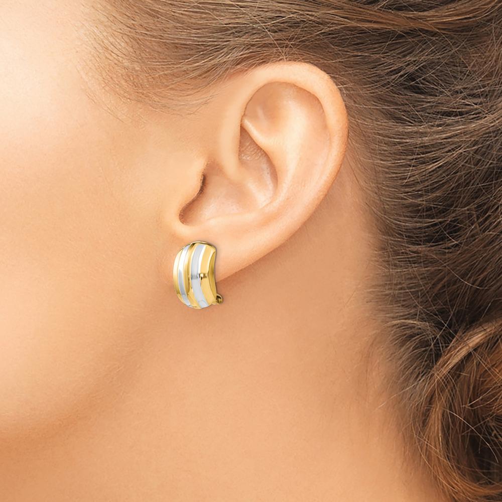 14K Yellow Gold and Rhodium Ribbed Non-Pierced Omega Back Button Earrings - Elegant Polished Design by Oro Pregiato