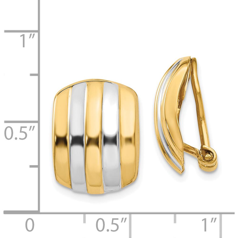 14K Yellow Gold and Rhodium Ribbed Non-Pierced Omega Back Button Earrings - Elegant Polished Design by Oro Pregiato