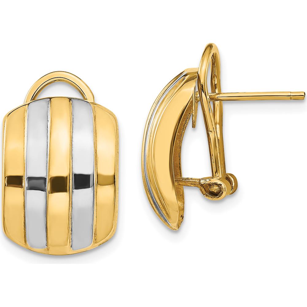 14K Yellow Gold & Rhodium Ribbed Omega Back Button Earrings - Timeless Women's Jewelry by 0