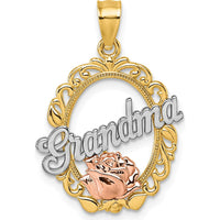 14K Yellow Gold and Rhodium Rose "Grandma" Oval Pendant with Polished Finish by Oro Pregiato