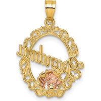 14K Yellow Gold and Rhodium Rose "Grandma" Oval Pendant with Polished Finish by Oro Pregiato