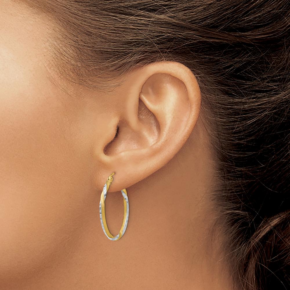 14K Yellow Gold & Rhodium Satin Diamond Cut Twisted Hoop Earrings by 0