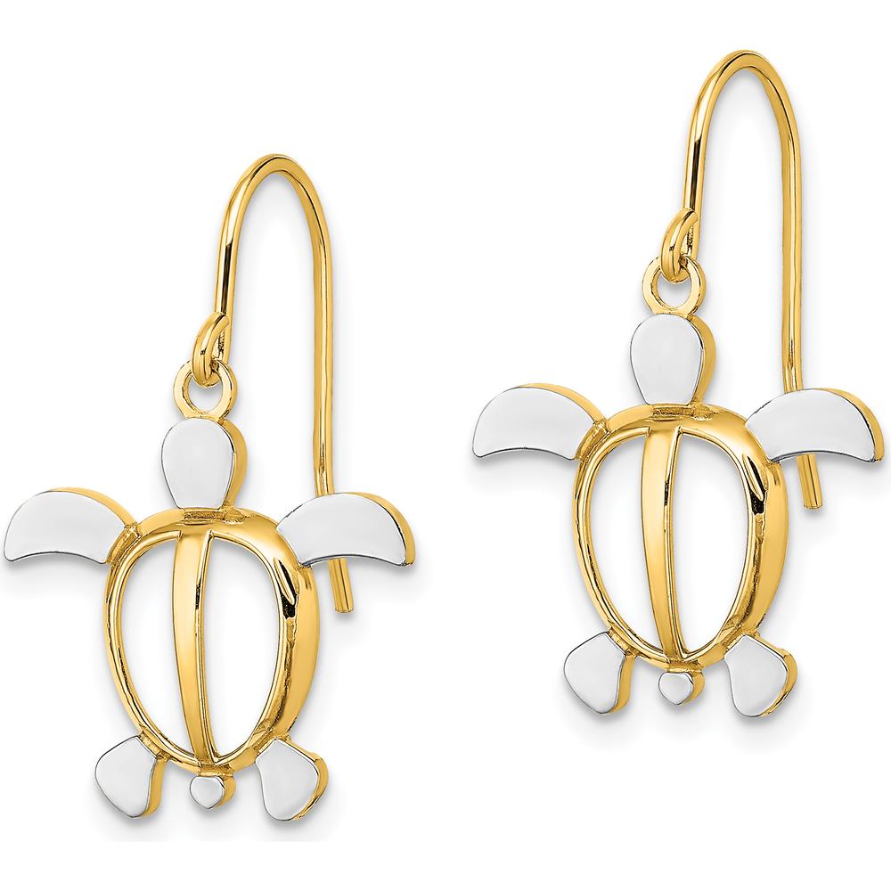 14K Yellow Gold and Rhodium Sea Turtle Dangle Earrings with French Wire Hooks by 0