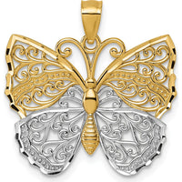 14K Yellow Gold and Rhodium Textured Fancy Filigree Butterfly Pendant by Oro Pregiato