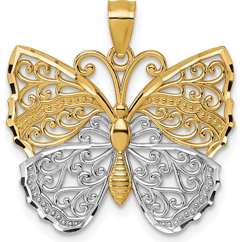 14K Yellow Gold and Rhodium Textured Fancy Filigree Butterfly Pendant by Oro Pregiato