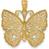14K Yellow Gold and Rhodium Textured Fancy Filigree Butterfly Pendant by Oro Pregiato