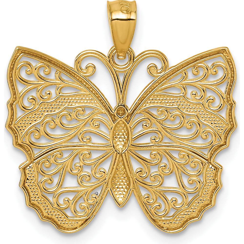 14K Yellow Gold and Rhodium Textured Fancy Filigree Butterfly Pendant by Oro Pregiato
