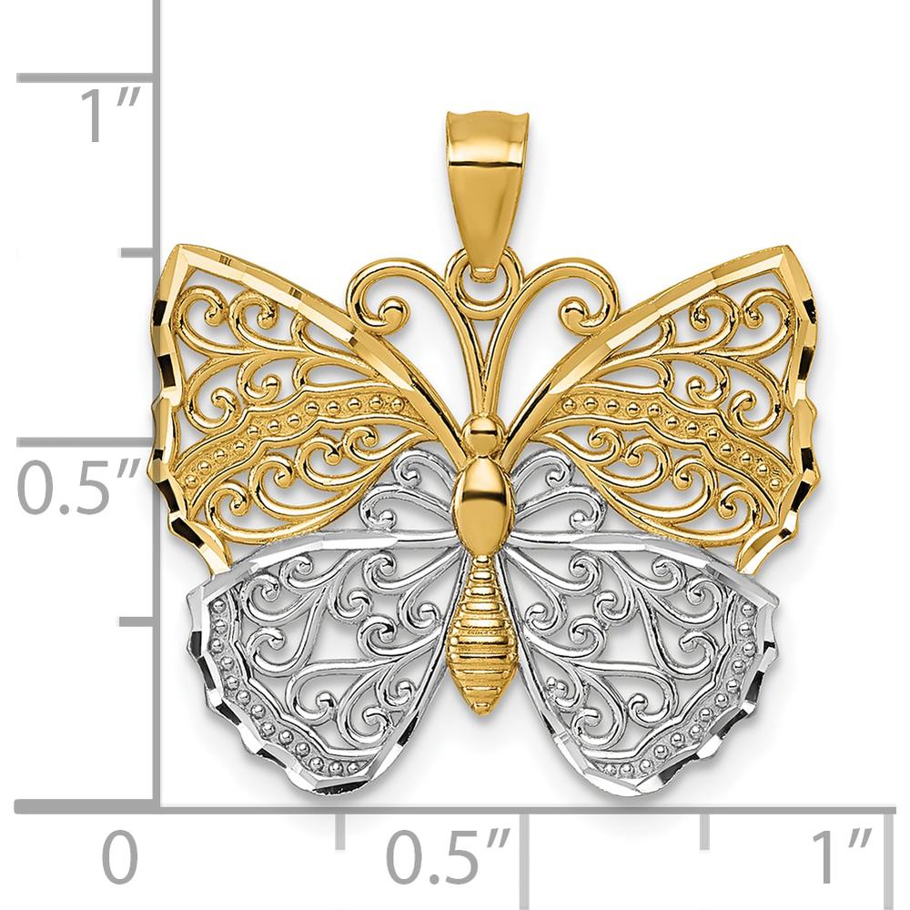 14K Yellow Gold and Rhodium Textured Fancy Filigree Butterfly Pendant by Oro Pregiato