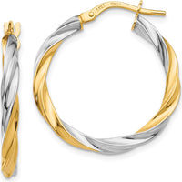 14K Yellow Gold & Rhodium Twisted Hoop Earrings - 25mm Length by 0
