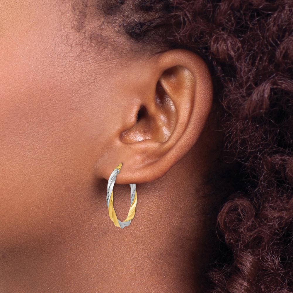 14K Yellow Gold & Rhodium Twisted Hoop Earrings - 25mm Length by 0