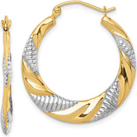 14K Yellow Gold and Rhodium Twisted Hoop Earrings with Polished and Textured Finish - 28.6mm Diameter by 0