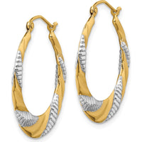 14K Yellow Gold and Rhodium Twisted Hoop Earrings with Polished and Textured Finish - 28.6mm Diameter by 0