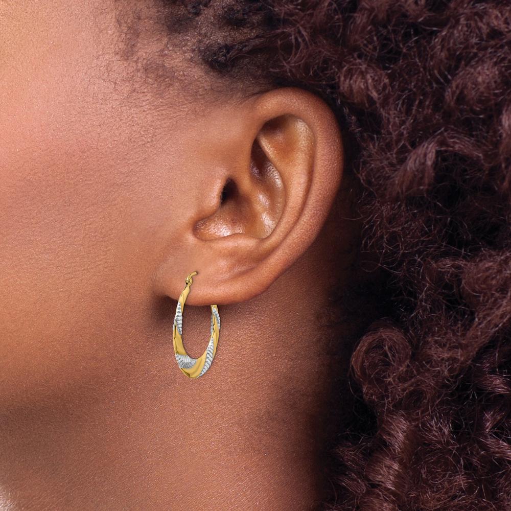 14K Yellow Gold and Rhodium Twisted Hoop Earrings with Polished and Textured Finish - 28.6mm Diameter by 0