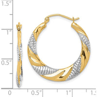 14K Yellow Gold and Rhodium Twisted Hoop Earrings with Polished and Textured Finish - 28.6mm Diameter by 0