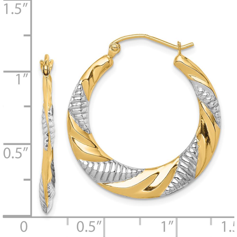 14K Yellow Gold and Rhodium Twisted Hoop Earrings with Polished and Textured Finish - 28.6mm Diameter by 0
